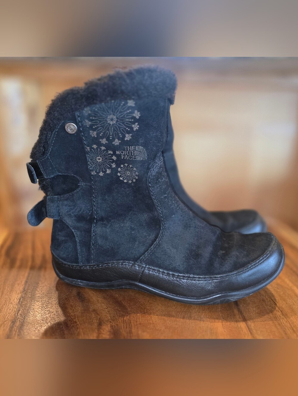 The North Face Black Suede Fur-Cuff Winter Boot with Snowflake Motif